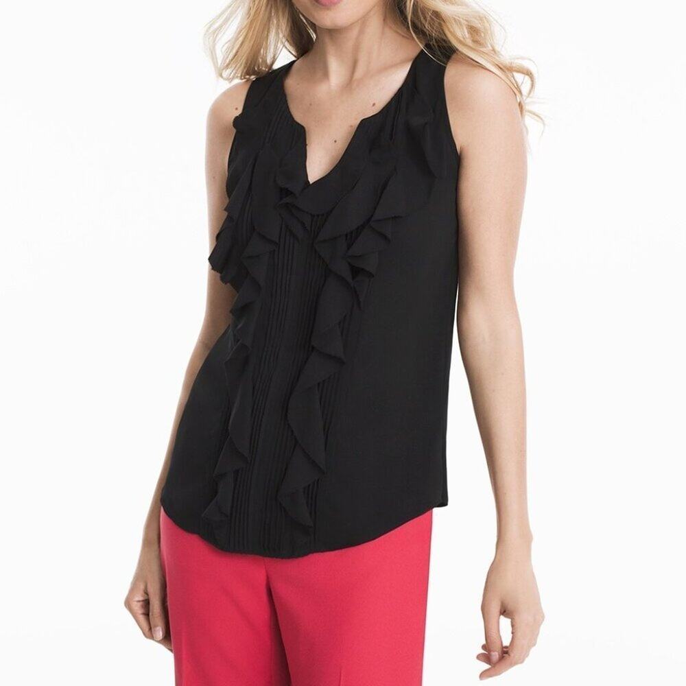 WHBM Black Ruffle-Front Micro-Pleat V-Neck Shell Top Size Medium 🖤✨🖤